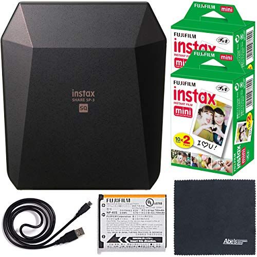 Fujifilm instax Share Smartphone Printer SP-3 (Black - 16558126) + Fujifilm instax Mini Twin Pack instant Film (40 Shots) + AOM Microfiber Cloth Bundle Kit