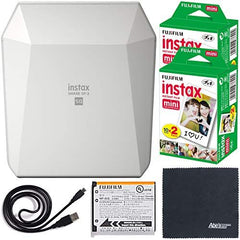 Fujifilm instax Share Smartphone Printer SP-3 (White - 16558085) + Fujifilm instax Mini Twin Pack instant Film (40 Shots) + AOM Microfiber Cloth Bundle Kit